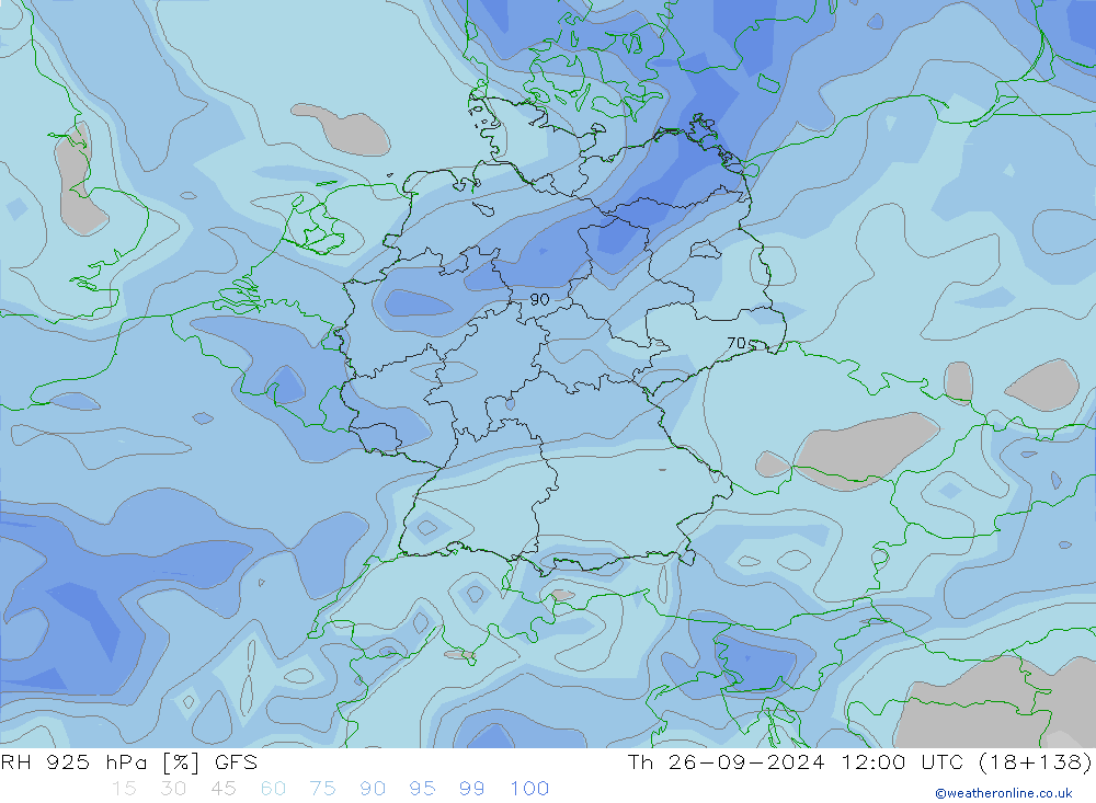 RH 925 hPa GFS czw. 26.09.2024 12 UTC