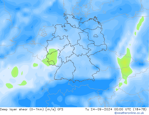 Deep layer shear (0-1km) GFS Tu 24.09.2024 00 UTC