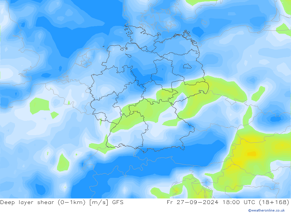 Deep layer shear (0-1km) GFS Fr 27.09.2024 18 UTC