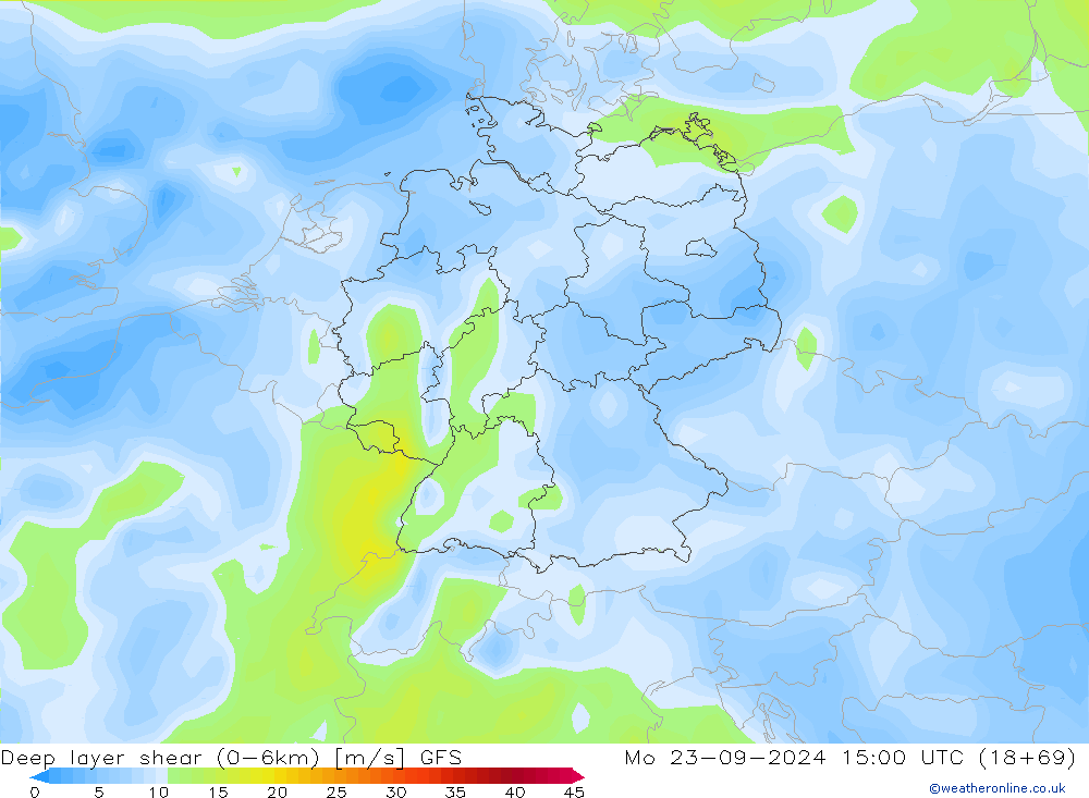 Deep layer shear (0-6km) GFS Mo 23.09.2024 15 UTC