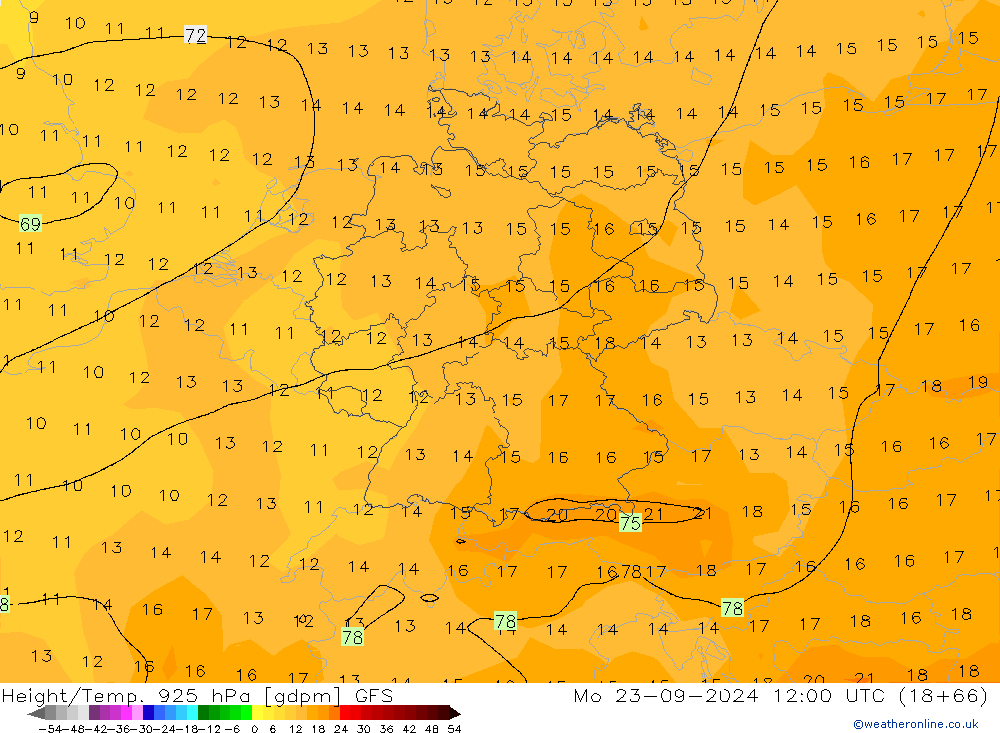 Height/Temp. 925 hPa GFS Po 23.09.2024 12 UTC