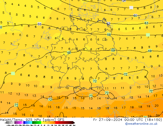 Height/Temp. 925 hPa GFS Sex 27.09.2024 00 UTC