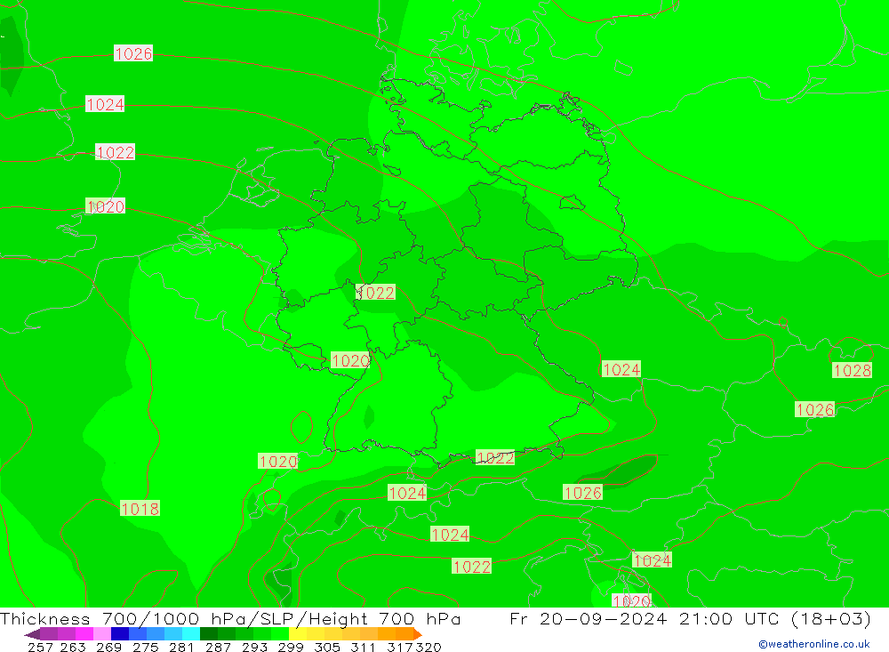 Espesor 700-1000 hPa GFS vie 20.09.2024 21 UTC