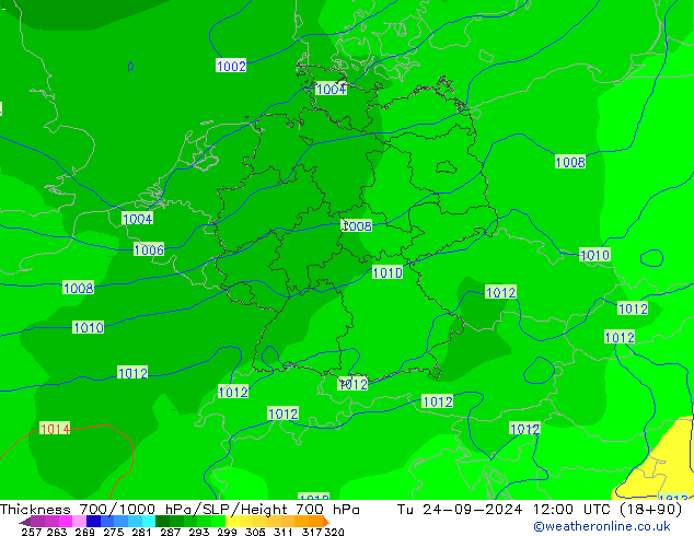 Espesor 700-1000 hPa GFS mar 24.09.2024 12 UTC