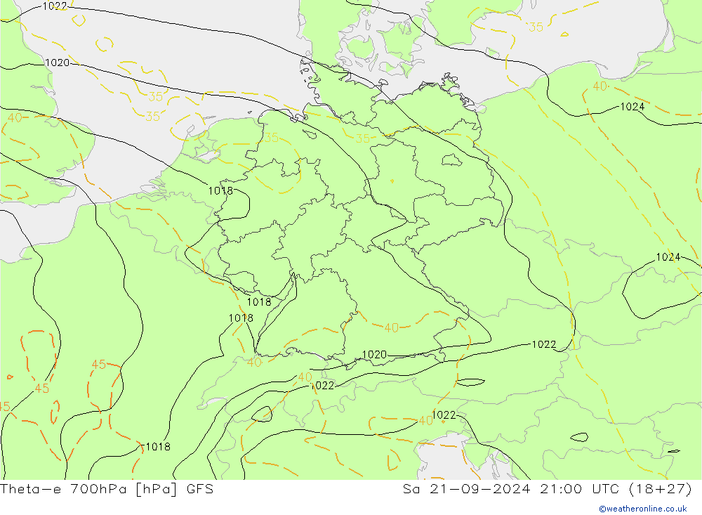 Theta-e 700hPa GFS Sa 21.09.2024 21 UTC
