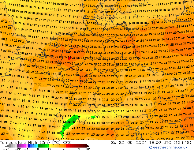 Max. Temperatura (2m) GFS nie. 22.09.2024 18 UTC