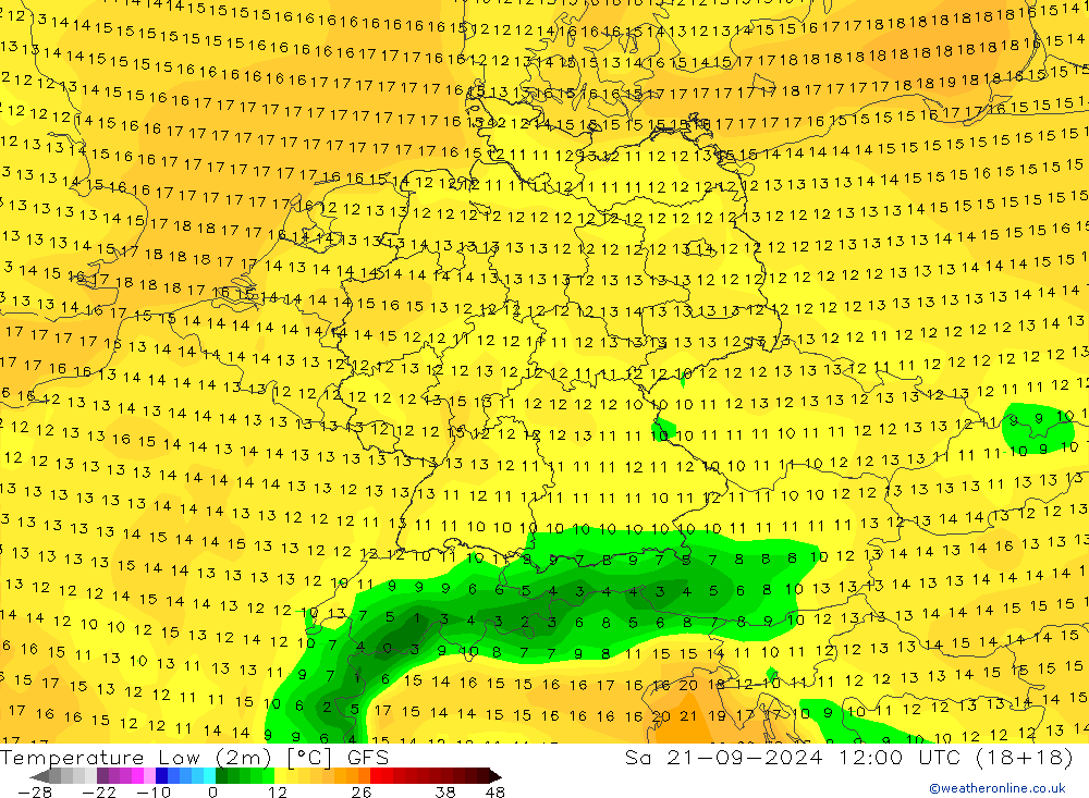 Temperature Low (2m) GFS Sa 21.09.2024 12 UTC