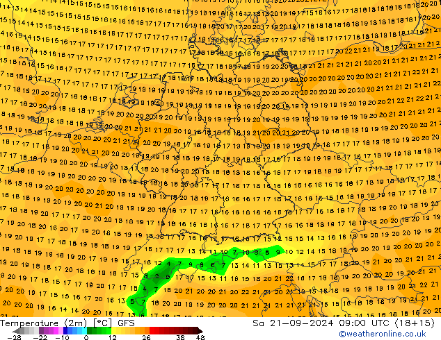 Temperatura (2m) GFS sab 21.09.2024 09 UTC