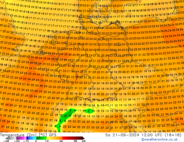 Temperature (2m) GFS Sa 21.09.2024 12 UTC