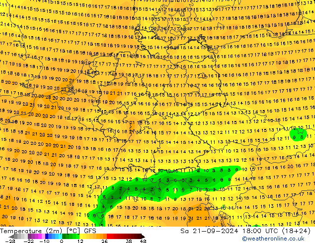 Temperature (2m) GFS So 21.09.2024 18 UTC