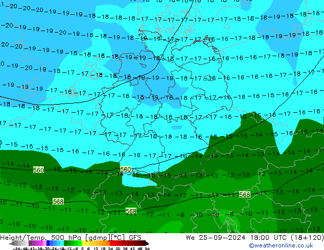 Height/Temp. 500 hPa GFS mer 25.09.2024 18 UTC