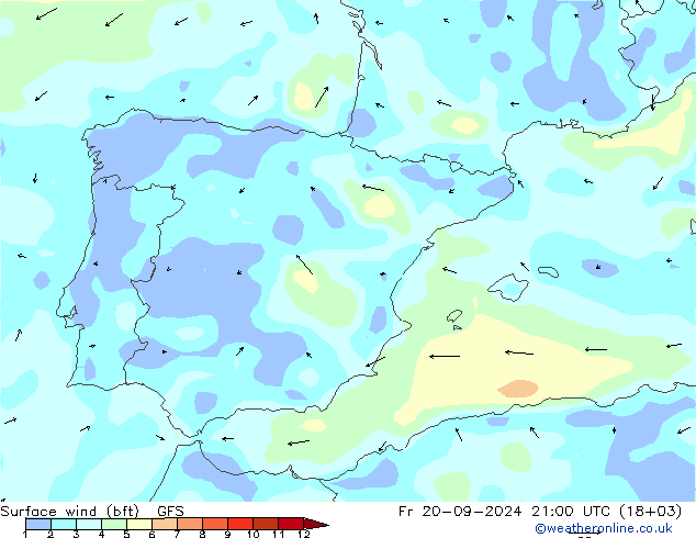 Surface wind (bft) GFS Fr 20.09.2024 21 UTC