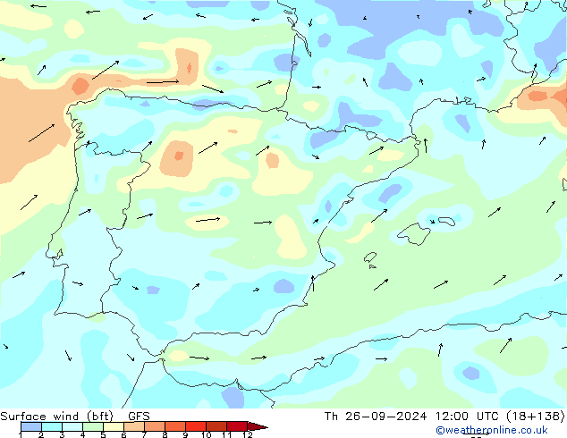 Wind 10 m (bft) GFS do 26.09.2024 12 UTC