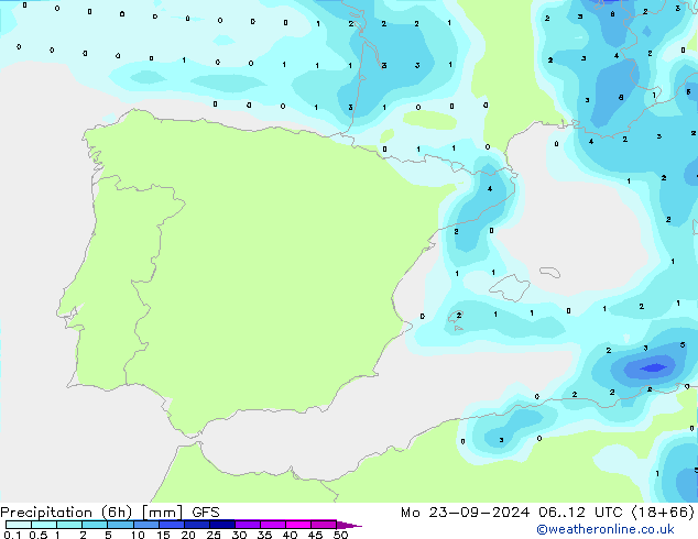 Precipitation (6h) GFS Mo 23.09.2024 12 UTC