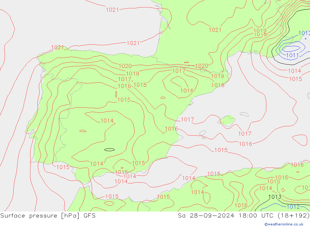 Atmosférický tlak GFS So 28.09.2024 18 UTC