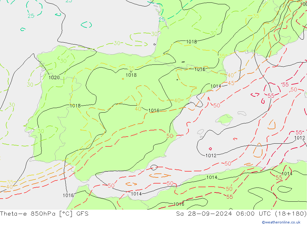 Theta-e 850hPa GFS Sa 28.09.2024 06 UTC