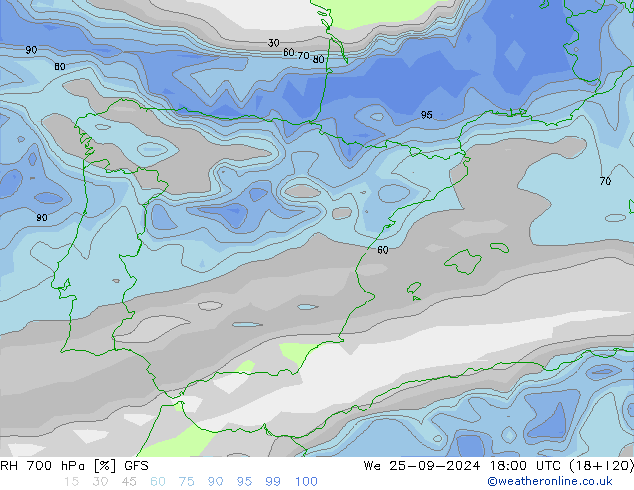 Humedad rel. 700hPa GFS mié 25.09.2024 18 UTC