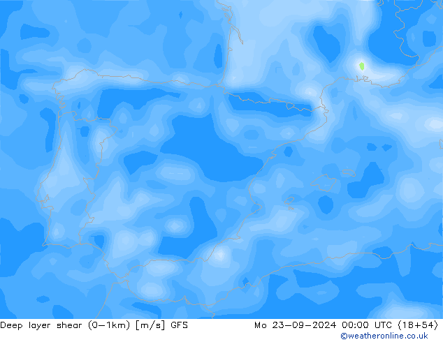 Deep layer shear (0-1km) GFS Mo 23.09.2024 00 UTC