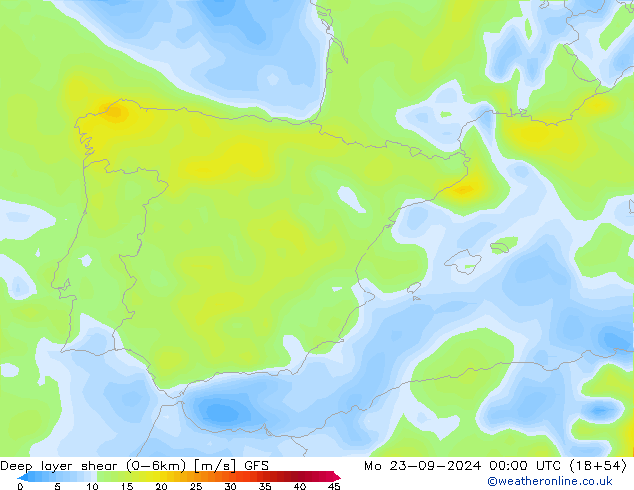 Deep layer shear (0-6km) GFS Pzt 23.09.2024 00 UTC