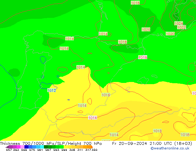 Espesor 700-1000 hPa GFS vie 20.09.2024 21 UTC