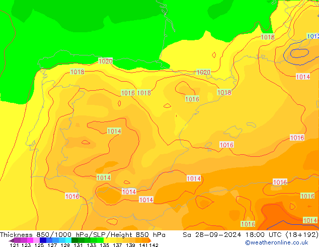 Thck 850-1000 hPa GFS So 28.09.2024 18 UTC