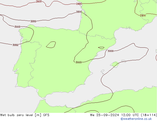 Theta-W Frostgrenze GFS Mi 25.09.2024 12 UTC