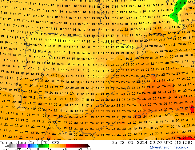 Temperature (2m) GFS Su 22.09.2024 09 UTC