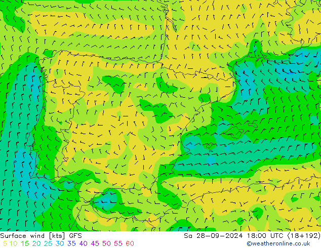 ветер 10 m GFS сб 28.09.2024 18 UTC