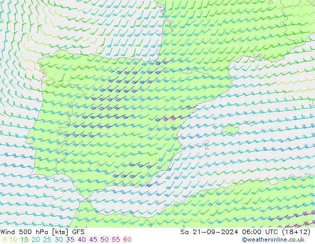 Vent 500 hPa GFS sam 21.09.2024 06 UTC