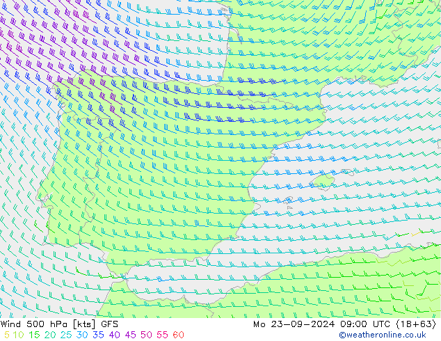 Viento 500 hPa GFS lun 23.09.2024 09 UTC