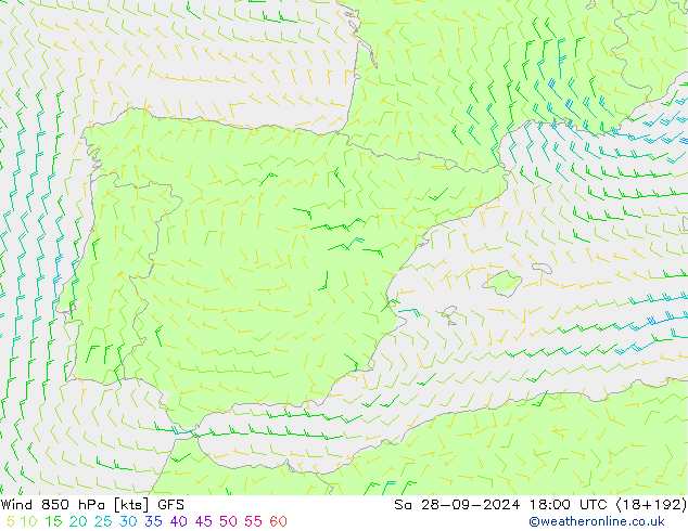 Vent 850 hPa GFS sam 28.09.2024 18 UTC