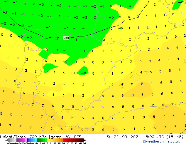 Height/Temp. 700 hPa GFS nie. 22.09.2024 18 UTC