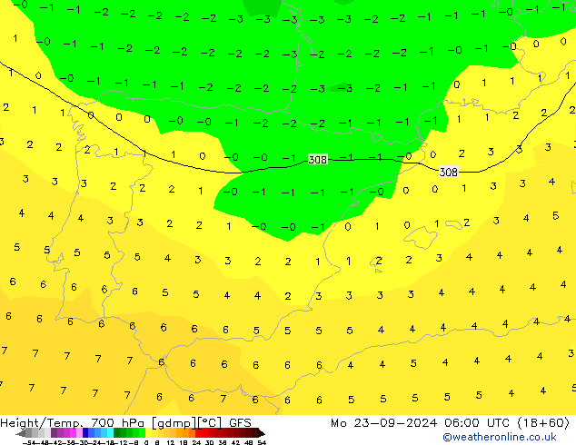 Géop./Temp. 700 hPa GFS lun 23.09.2024 06 UTC