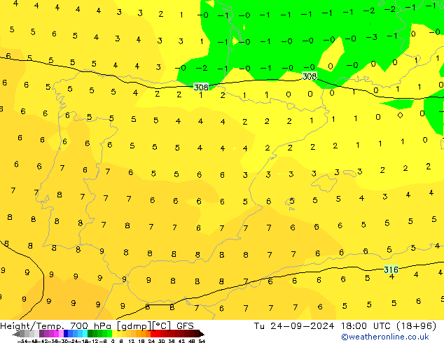 Geop./Temp. 700 hPa GFS mar 24.09.2024 18 UTC