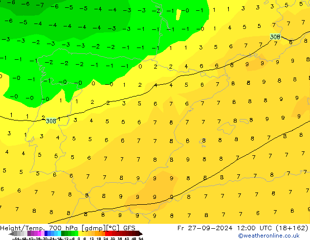 Height/Temp. 700 hPa GFS Fr 27.09.2024 12 UTC