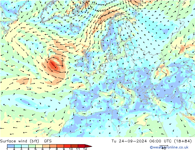 Surface wind (bft) GFS Tu 24.09.2024 06 UTC