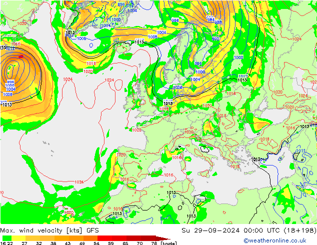 Max. wind velocity GFS Su 29.09.2024 00 UTC