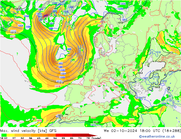 Max. wind velocity GFS mer 02.10.2024 18 UTC