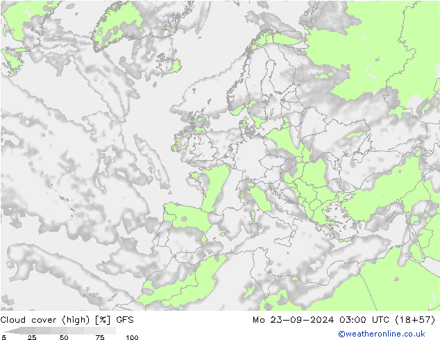 Cloud cover (high) GFS Mo 23.09.2024 03 UTC