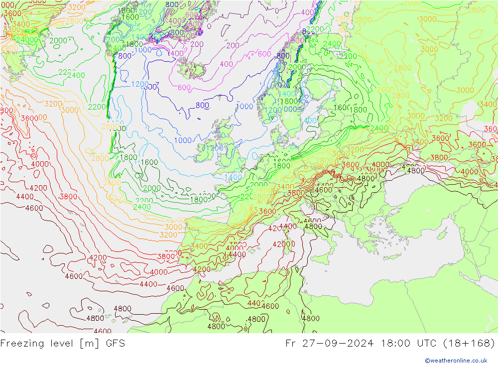 Freezing level GFS Fr 27.09.2024 18 UTC