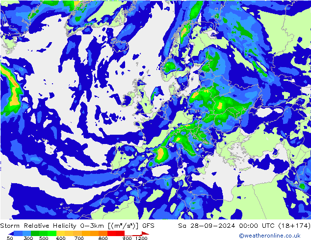 Storm Relative Helicity GFS сб 28.09.2024 00 UTC