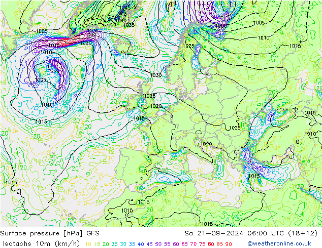 Isotachen (km/h) GFS Sa 21.09.2024 06 UTC