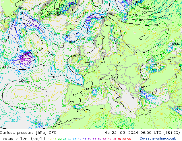 Izotacha (km/godz) GFS pon. 23.09.2024 06 UTC