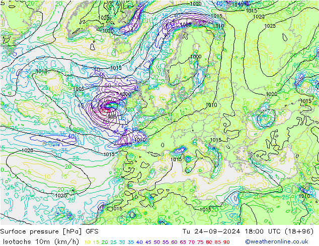 Isotachs (kph) GFS Tu 24.09.2024 18 UTC