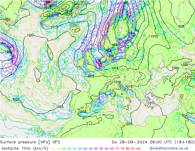 Isotachs (kph) GFS Sa 28.09.2024 06 UTC