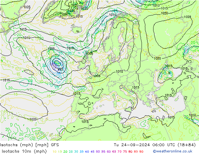 Isotachs (mph) GFS Út 24.09.2024 06 UTC