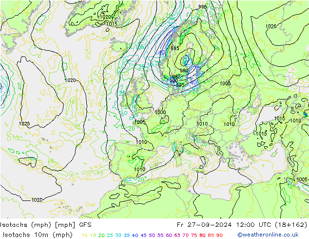 Isotaca (mph) GFS vie 27.09.2024 12 UTC