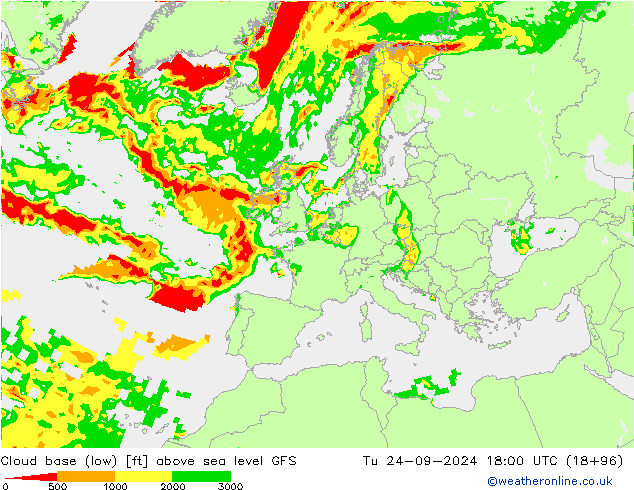 Cloud base (low) GFS Tu 24.09.2024 18 UTC