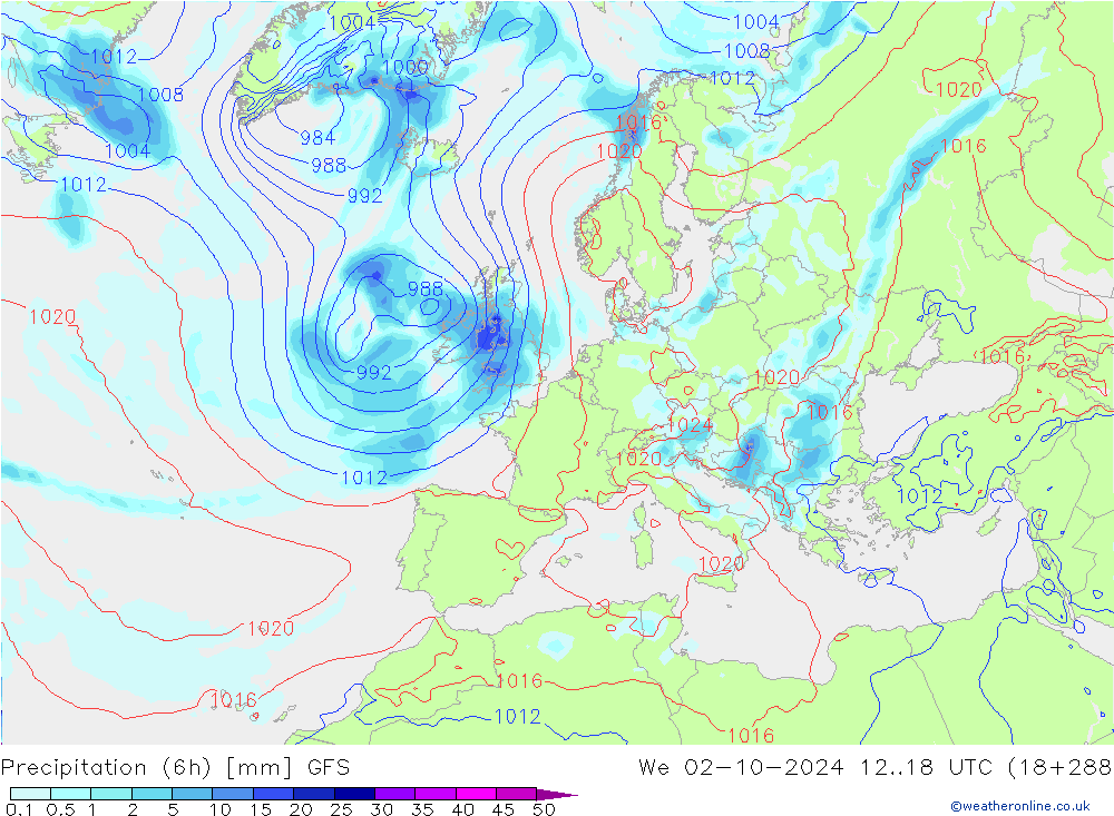 Z500/Rain (+SLP)/Z850 GFS mer 02.10.2024 18 UTC