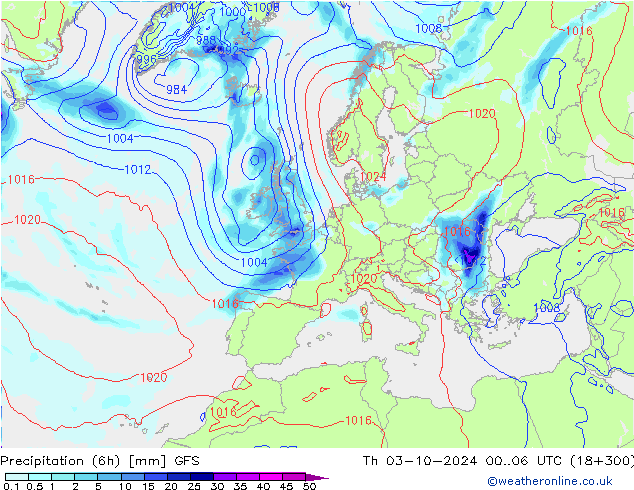 Z500/Rain (+SLP)/Z850 GFS Th 03.10.2024 06 UTC